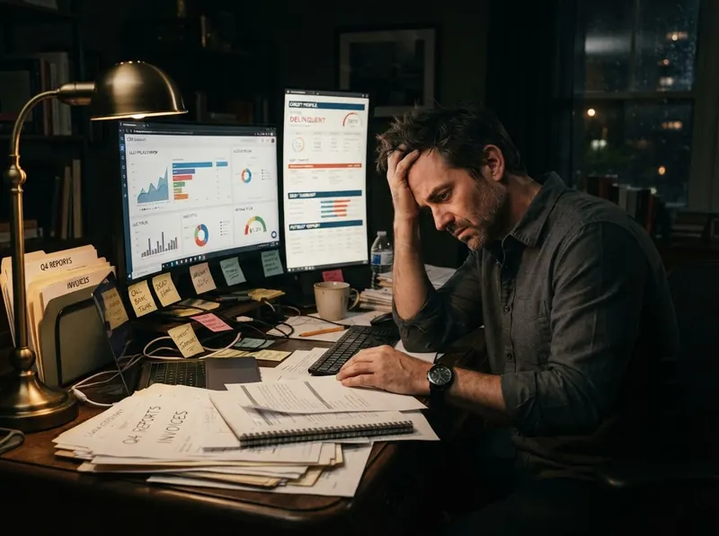 Overwhelmed business owner working late at night, surrounded by paperwork and CRM dashboards