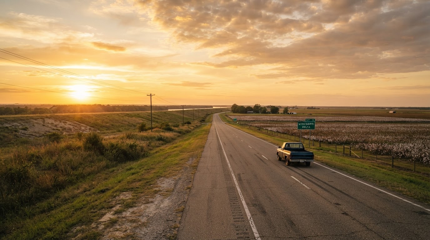 Two-lane highway at golden hour in the Mississippi Delta