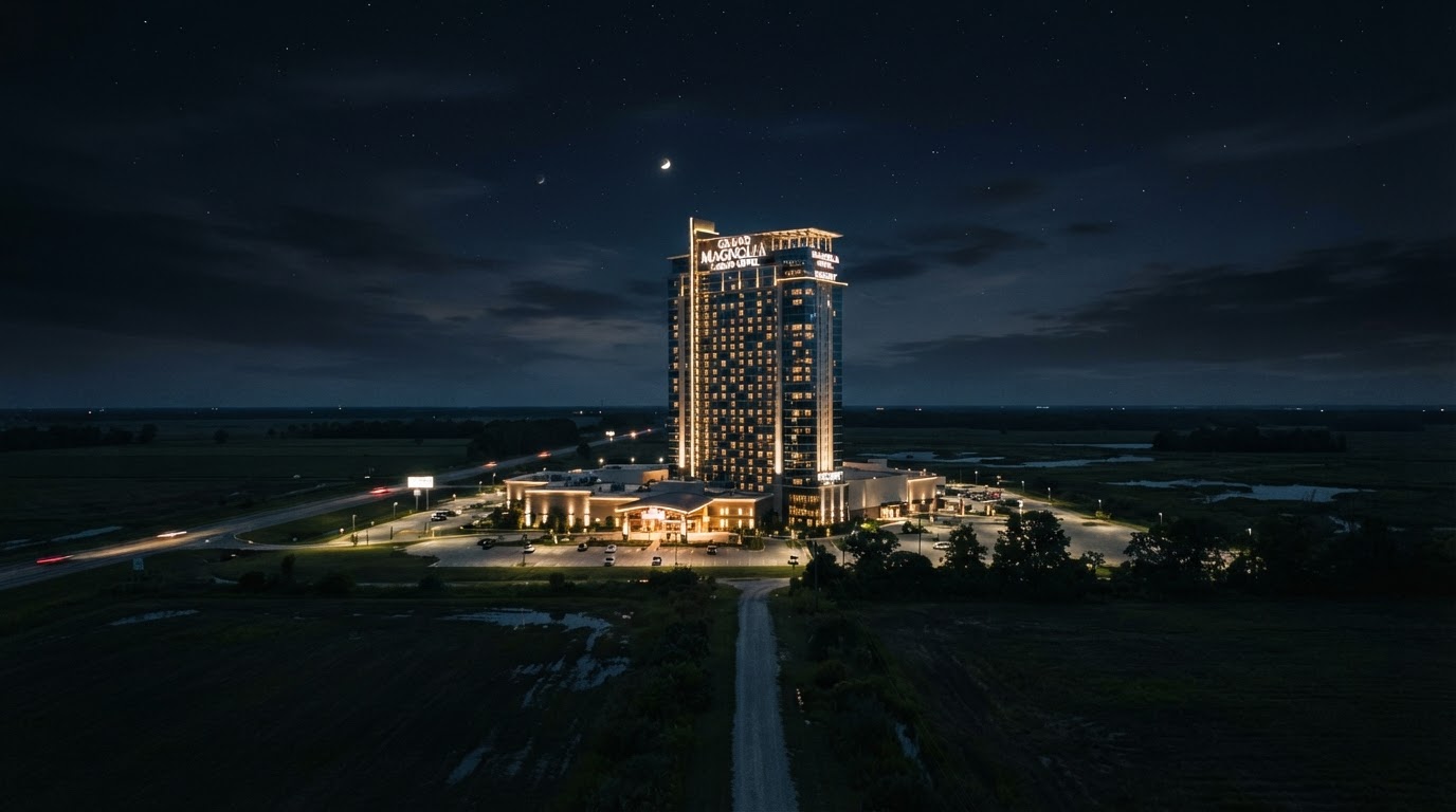 Casino tower at night rising out of flat Delta countryside