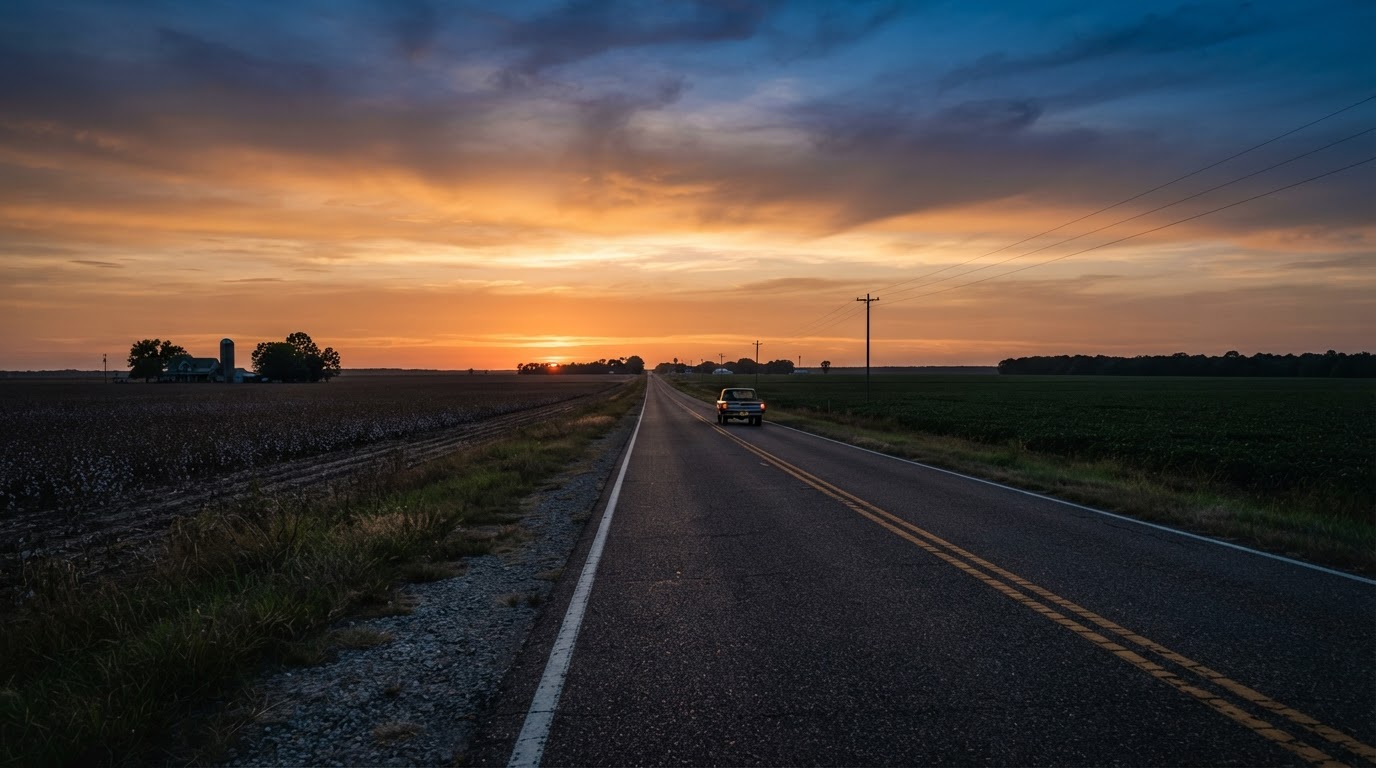 US-61 running through Mississippi Delta farmland at dusk