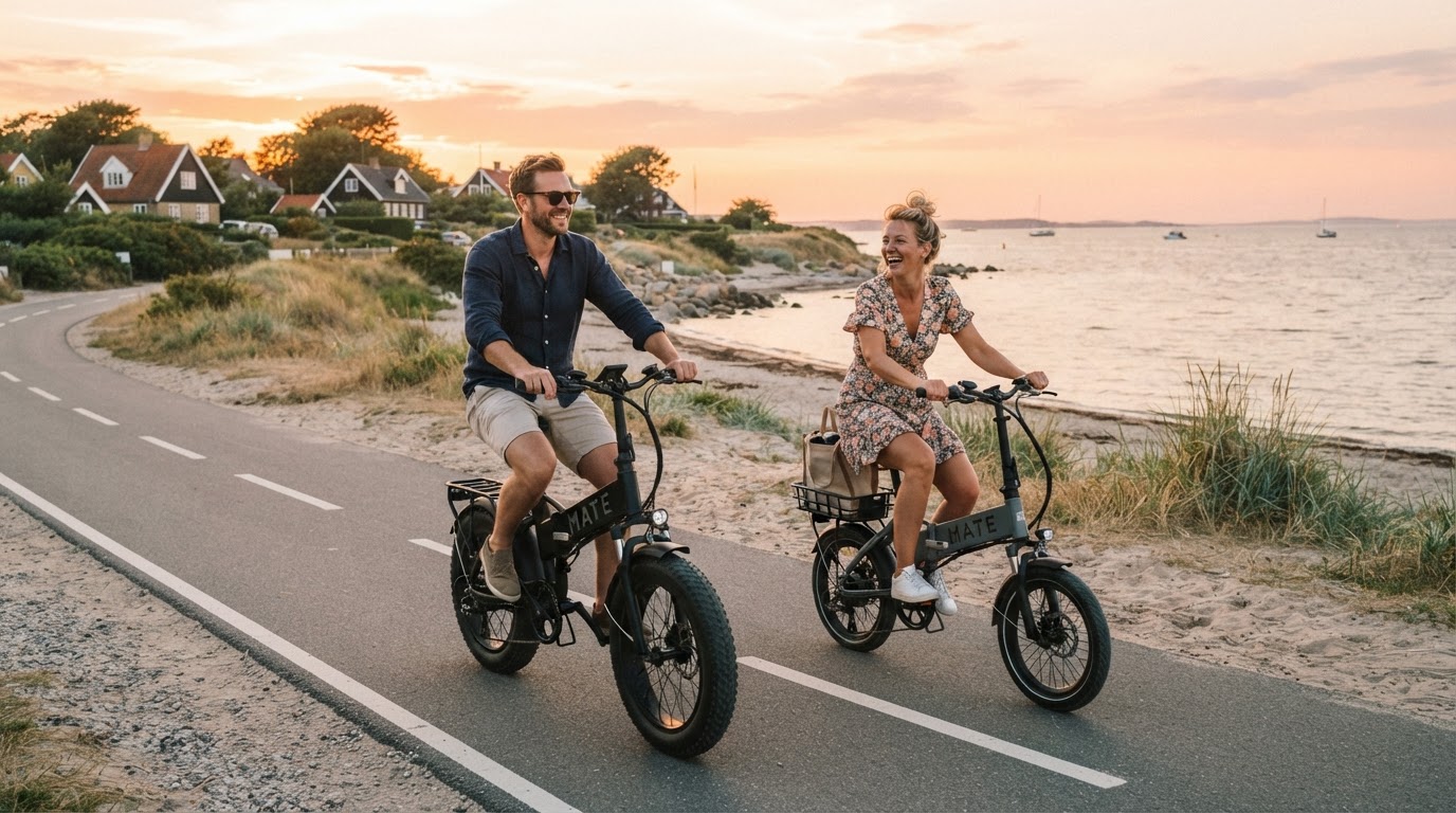 Et par cykler på en kystvej på Sjælland ved gyldent time lys med udsigt til strand og sommerhuse