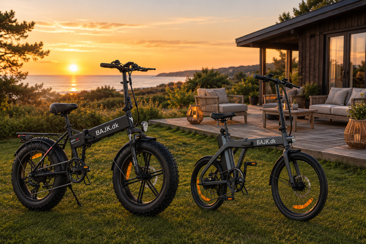 To elcykler parkeret på en grøn plæne foran et sort dansk sommerhus på Sjælland ved solnedgang med et brændeovn og gæster