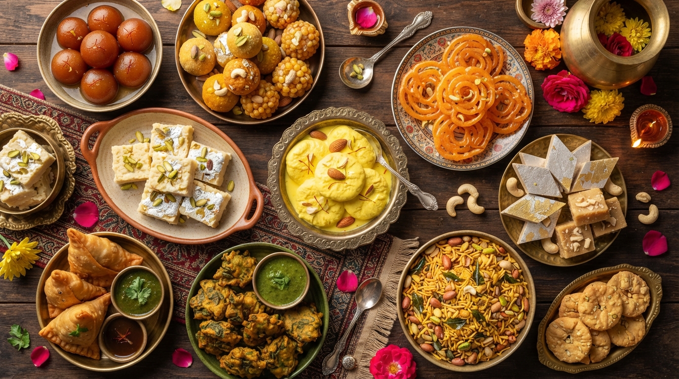 Indian sweets and snacks spread at Mithai Sweet Factory