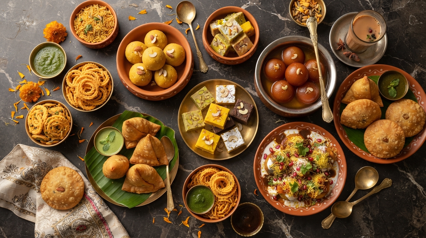 Fresh Indian sweets and namkeen snacks arranged on dark marble