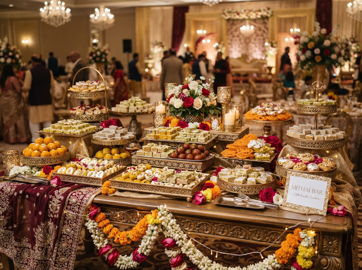 Indian wedding mithai catering display by Mithai Sweet Factory in Brampton