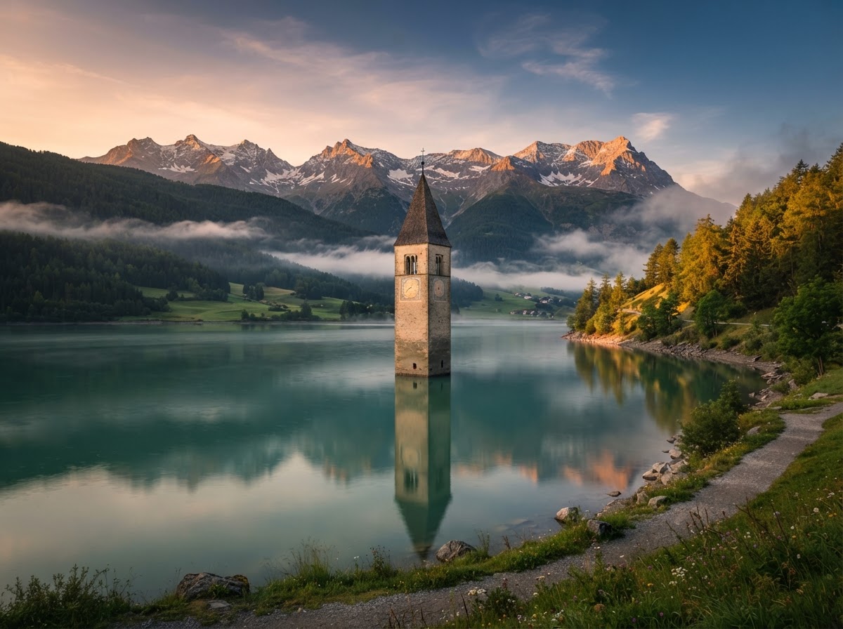 The Dolomites and the submerged bell tower of Curon rising from Lake Resia, South Tyrol