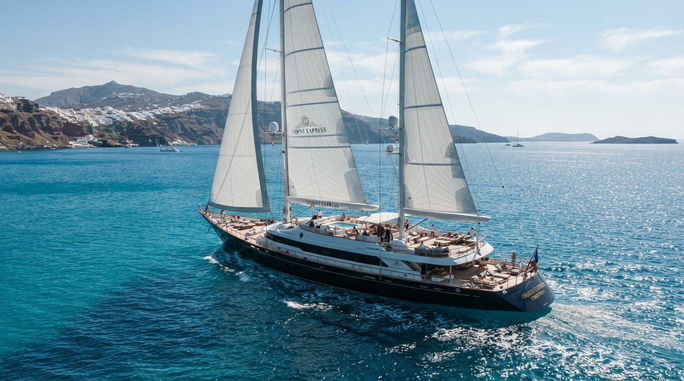 The Orient Express Corinthian — the world's largest sailing yacht gliding across turquoise Mediterranean waters