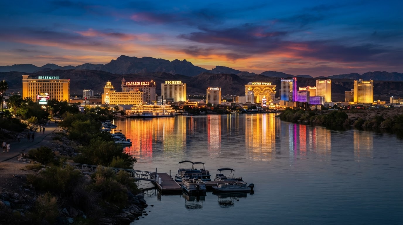 Laughlin casino strip from the Arizona bank at dusk, lights reflecting on the Colorado River