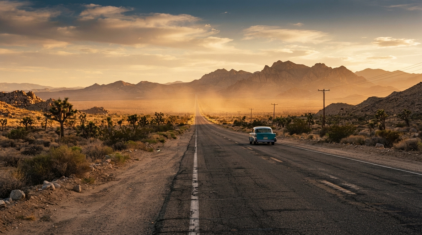 Desert highway at golden hour near the Colorado River