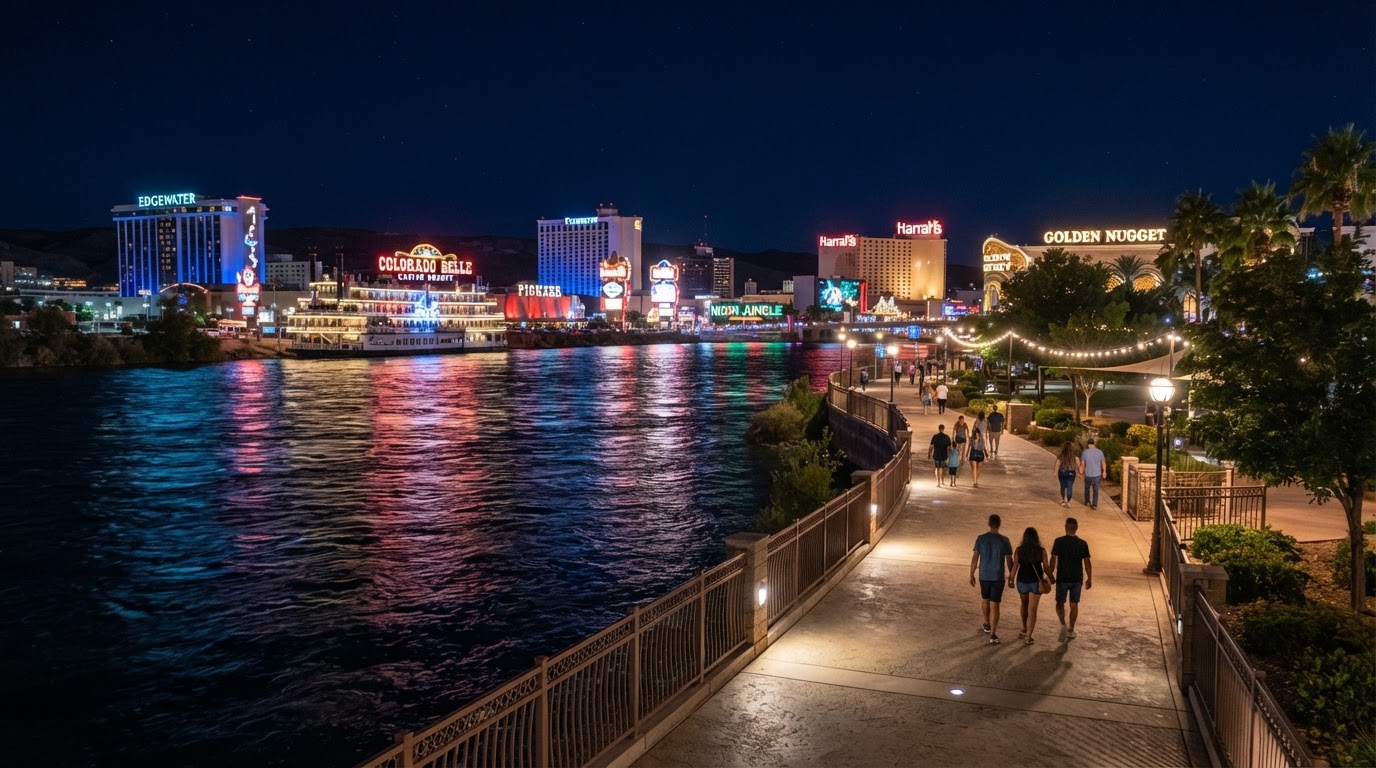 Riverwalk path at night along the Colorado River with neon reflecting on the water