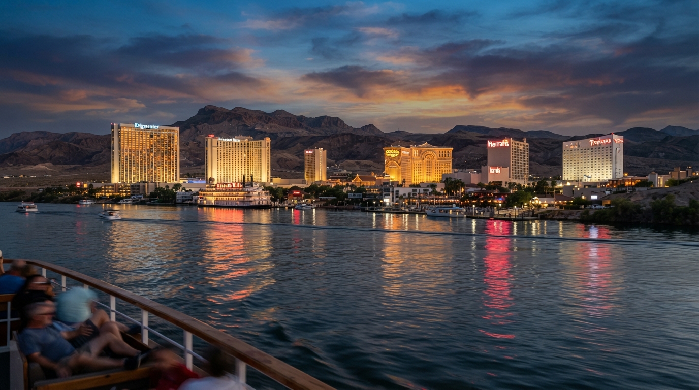 Casino towers along the Colorado River, shot from a boat on the water