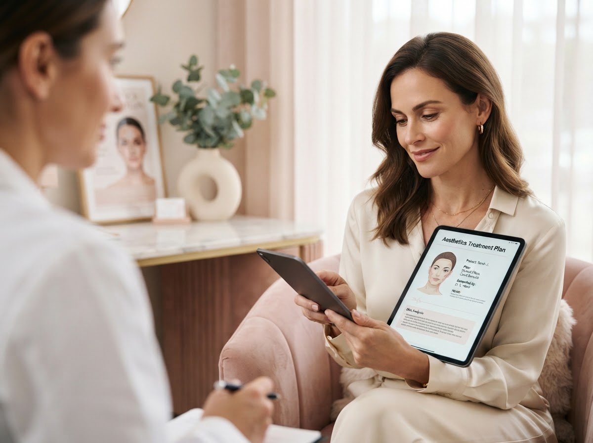 Private 1-on-1 aesthetic consultation reviewing a digital treatment plan at Quartz Clinic