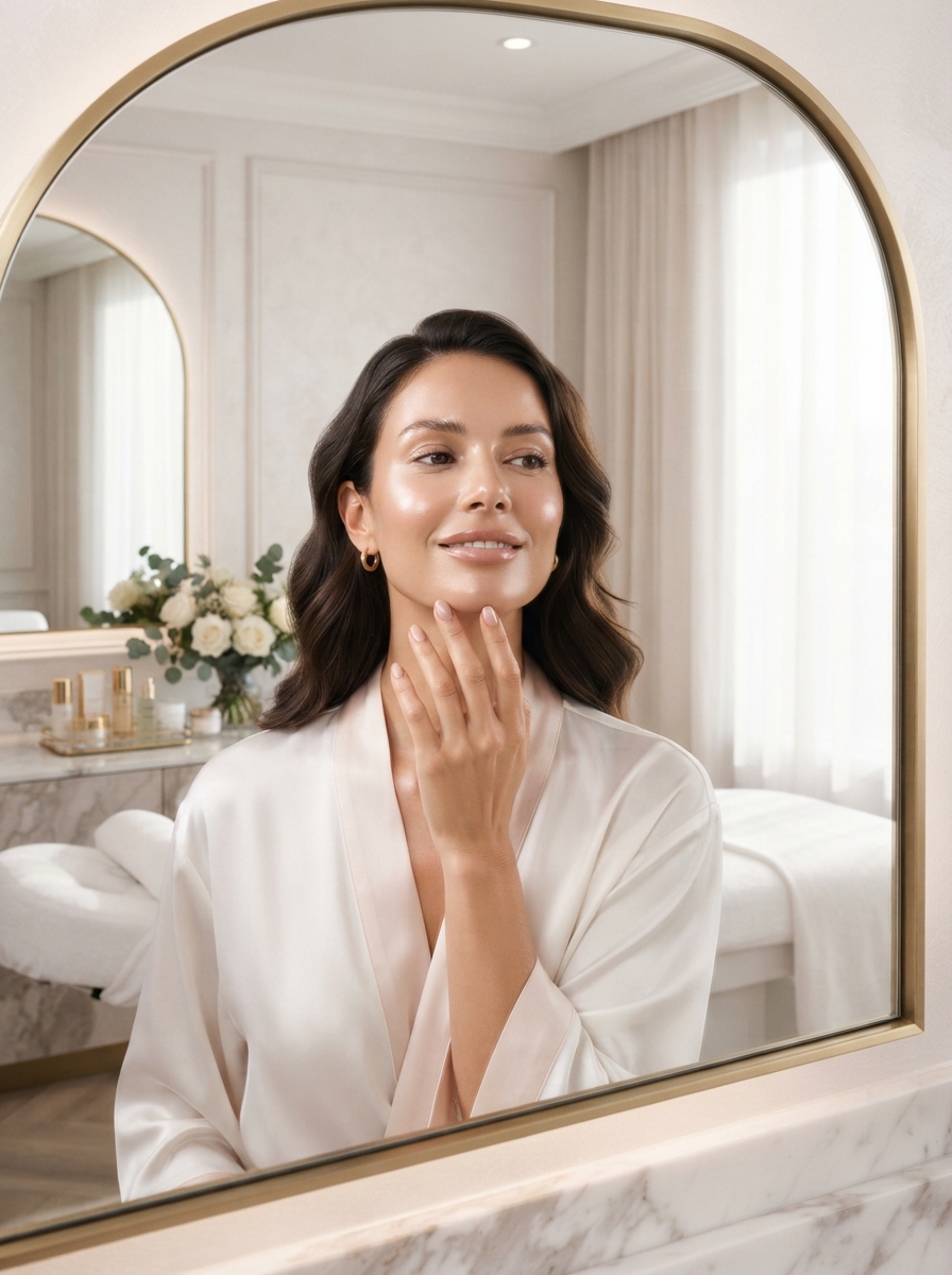 Woman with glowing skin looking in mirror, natural aesthetic results at Quartz Clinic
