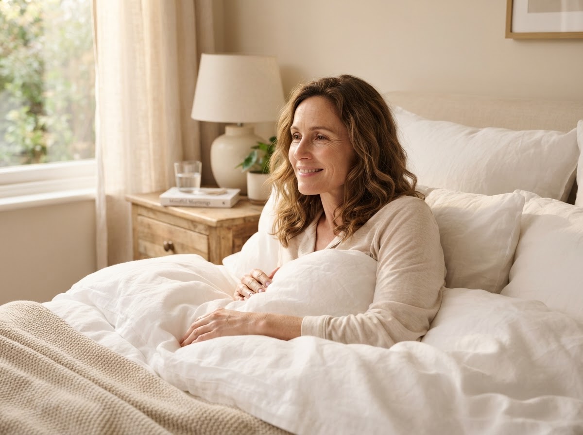 Woman waking up refreshed after hormone optimization therapy at Wellness Vitalized