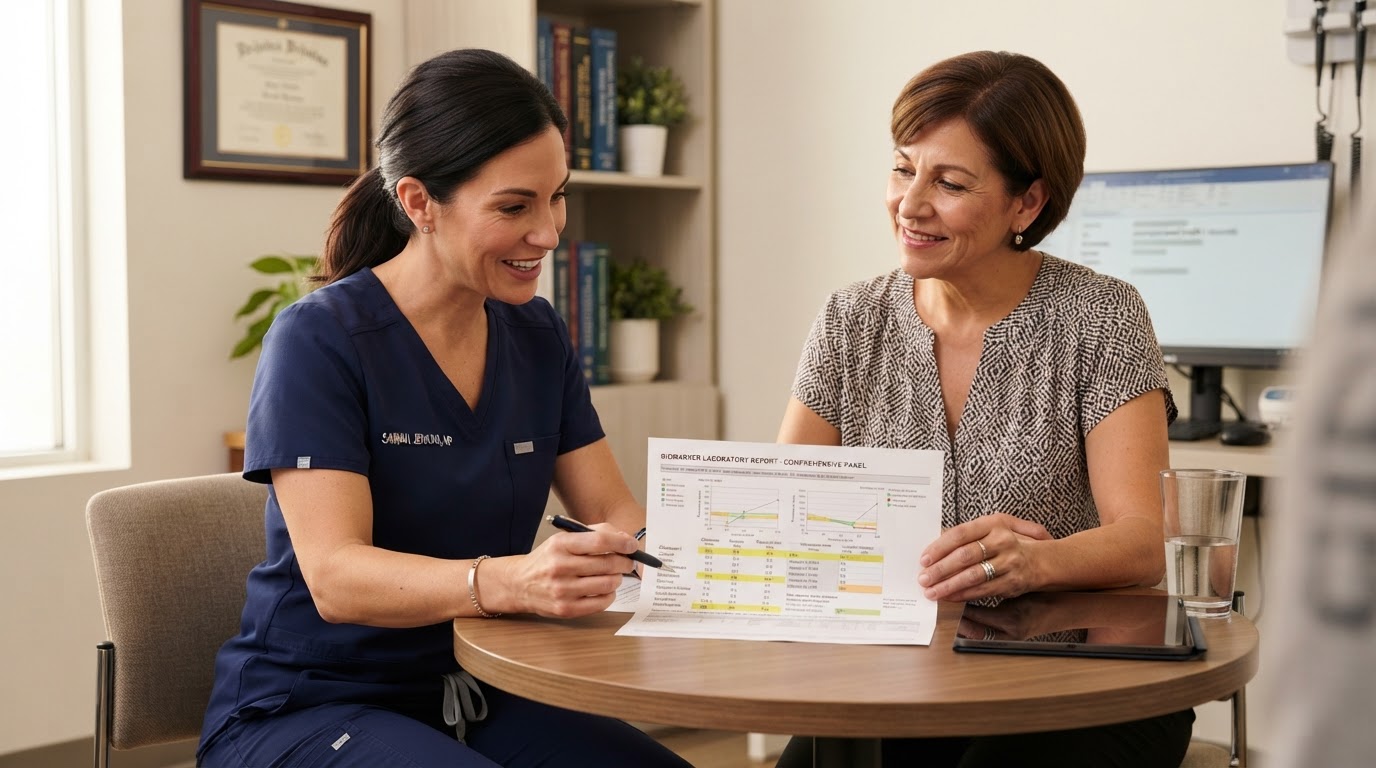 Provider reviewing fasting insulin and metabolic lab results with a patient