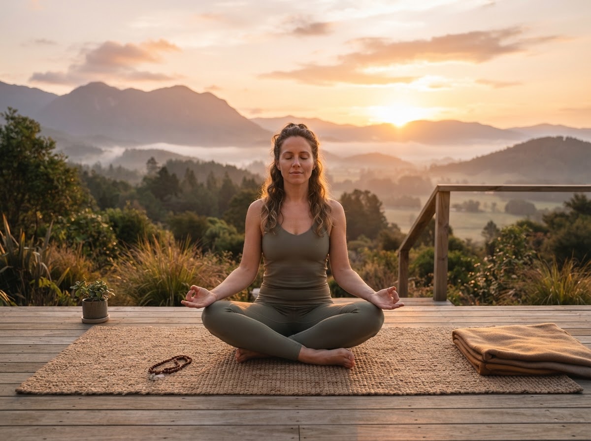 Person doing yoga meditation outdoors at sunrise