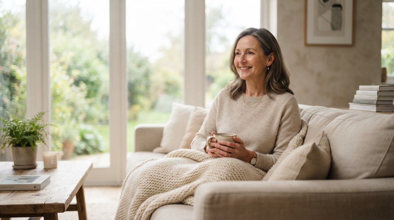 Woman in her fifties resting at home after hormone replacement therapy in Riverview, FL