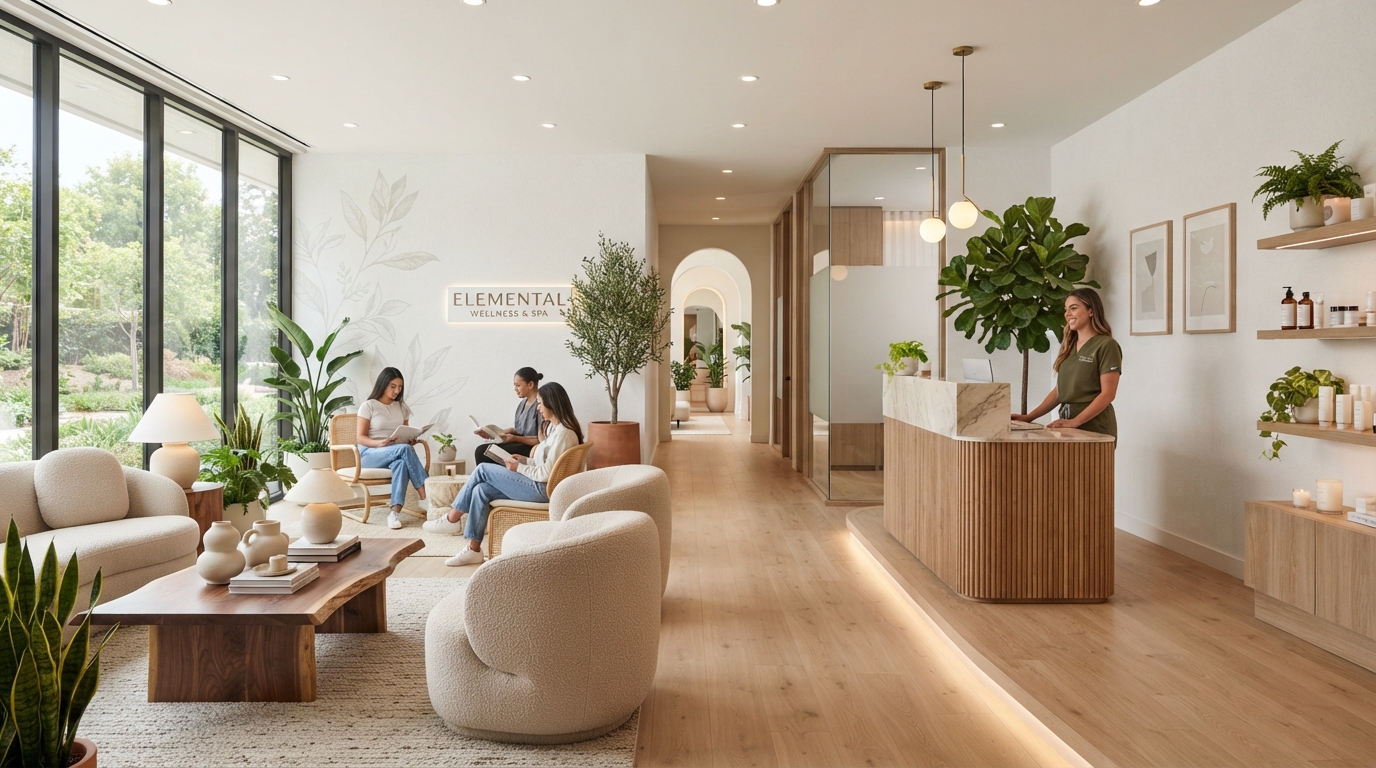 Modern wellness clinic interior with plants and natural light