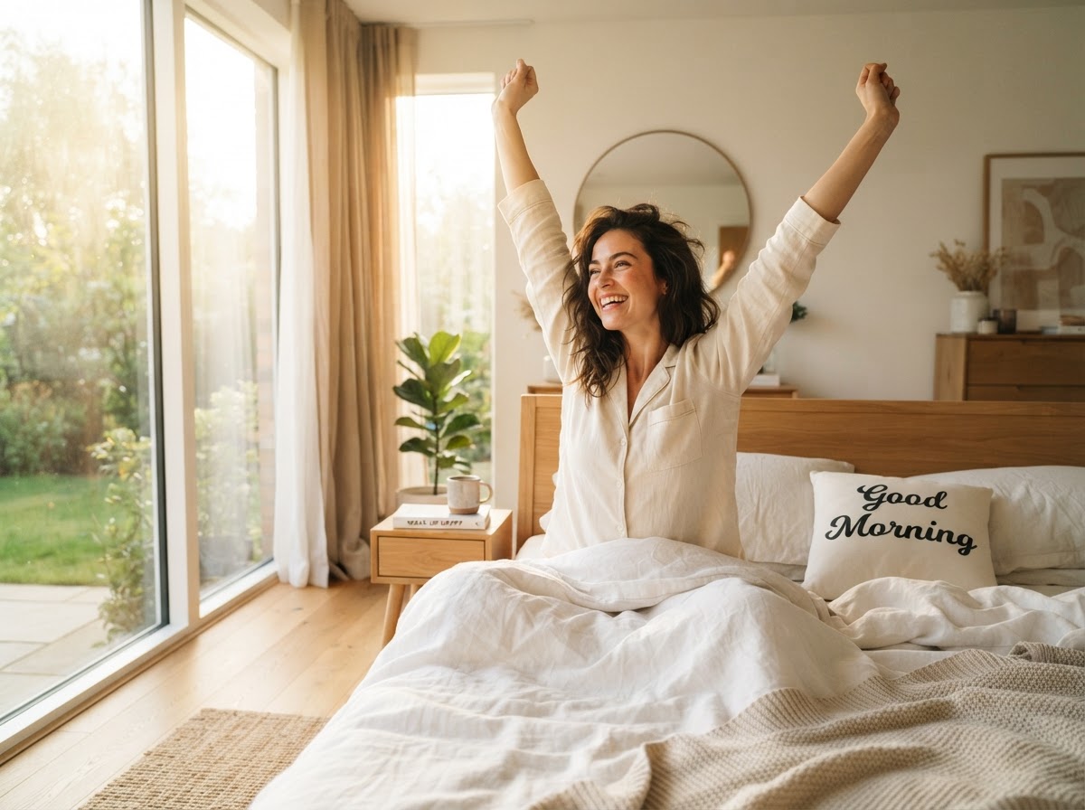 Person waking up energized in a bright bedroom
