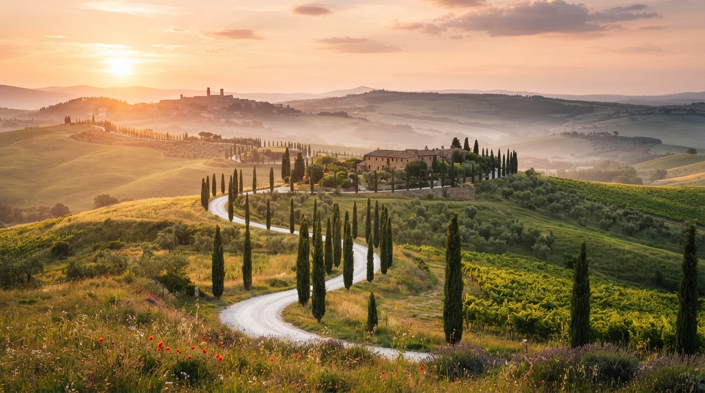 Tuscan countryside with cypress trees at golden hour