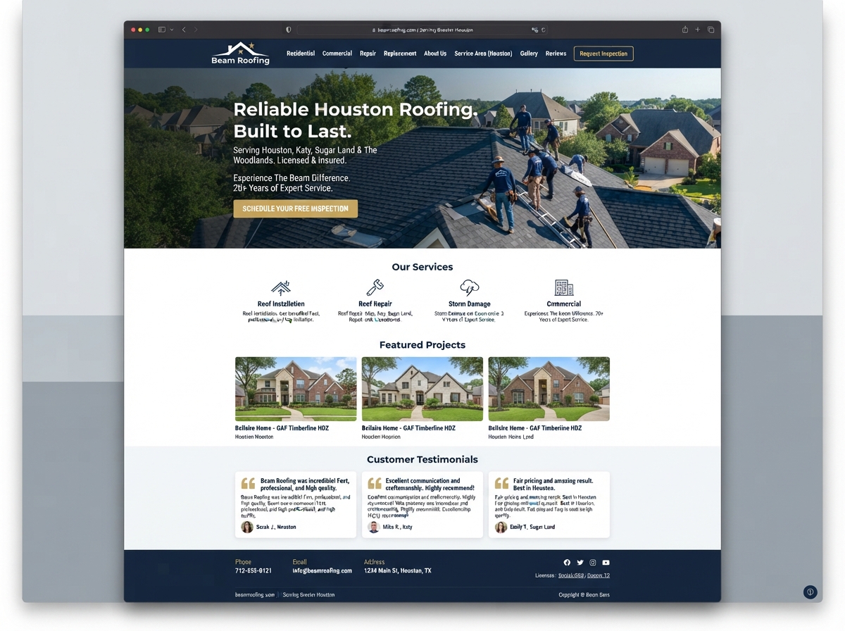 Beam Roofing website homepage showing trust-centered design and inspection call-to-action