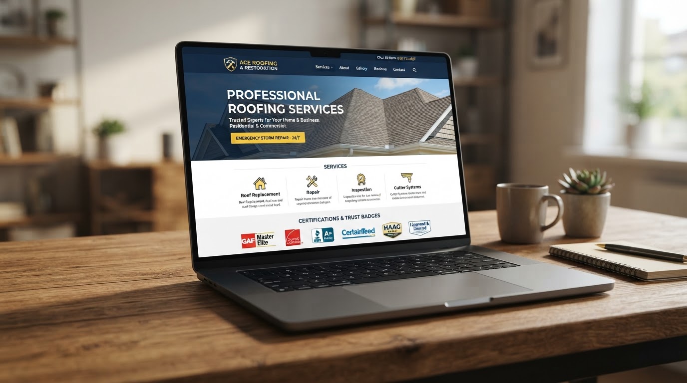 Roofing contractor website example showing inspection request path and certification badges