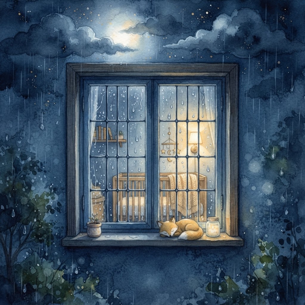 Rainy Night Sleep Music — moonlit bedtime illustration