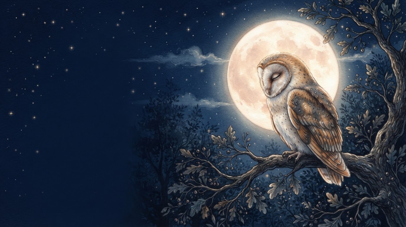 A peaceful sleeping owl resting on a tree branch under a glowing full moon in a deep blue starry night sky