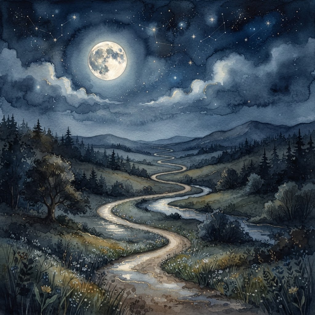 One-Hour Bedtime Mixes — moonlit bedtime illustration