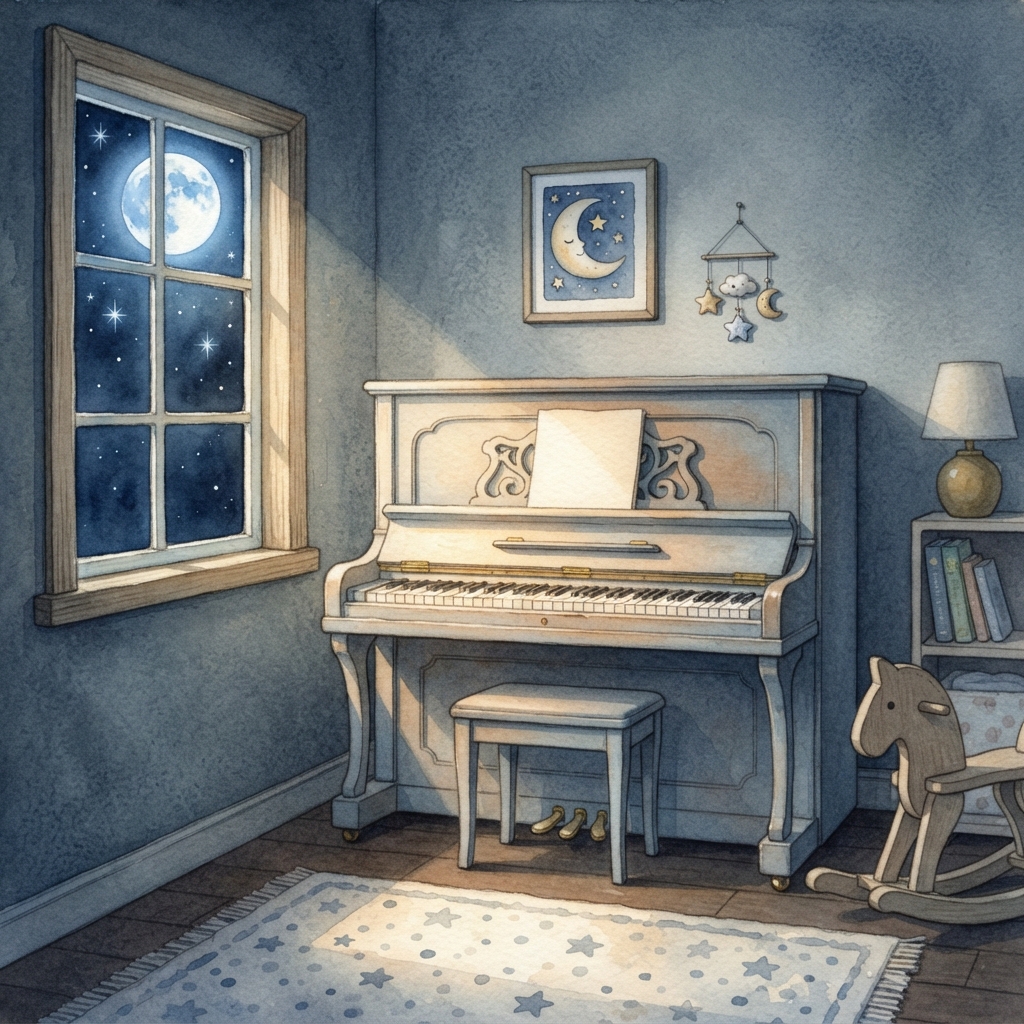 Gentle Piano Lullabies — moonlit bedtime illustration