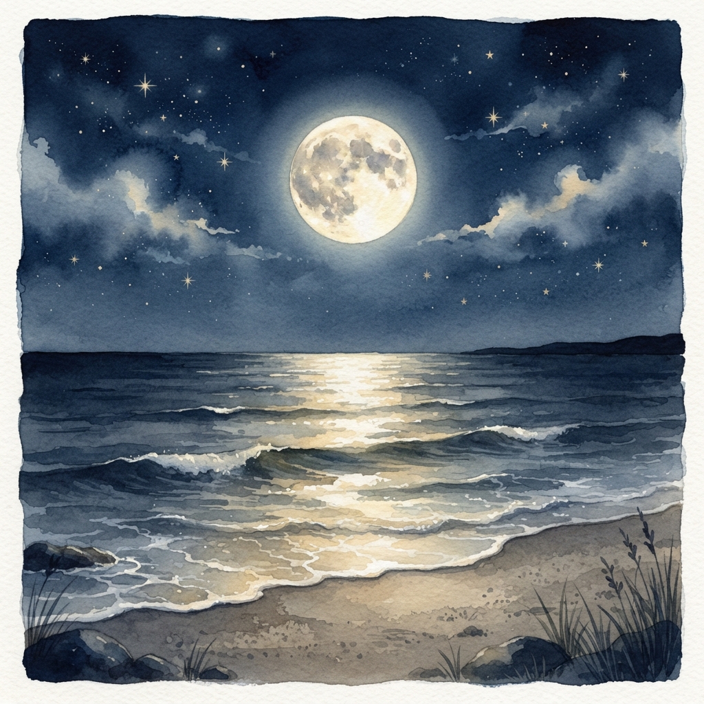 Ocean and Nature Sounds — moonlit bedtime illustration