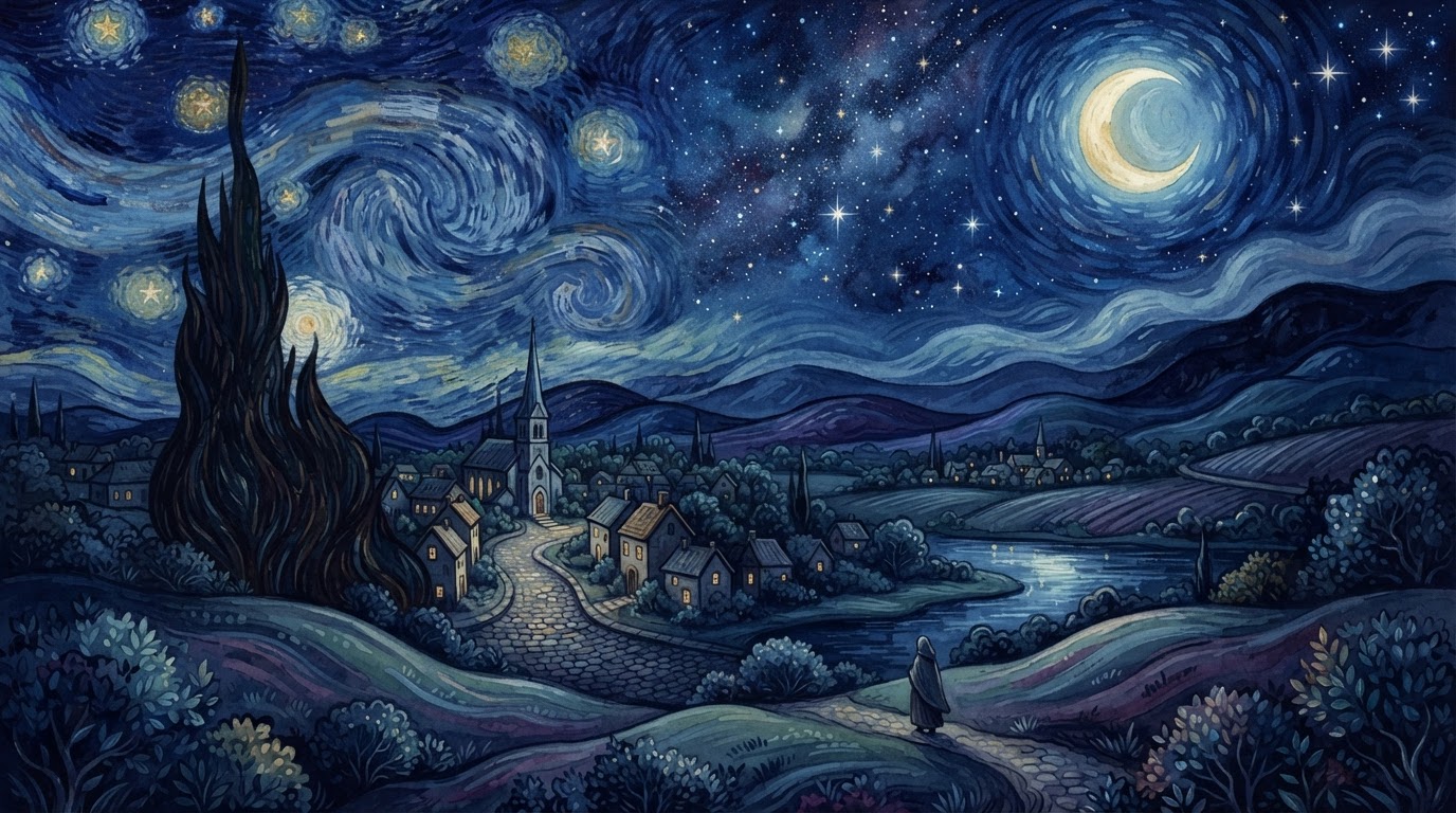 Moonlit Masterpieces — a classic painting reimagined as a peaceful nighttime scene