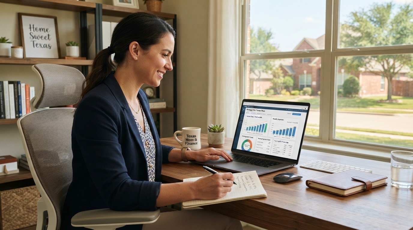 Person reviewing mortgage interest rates and financial charts on a laptop at a home office desk