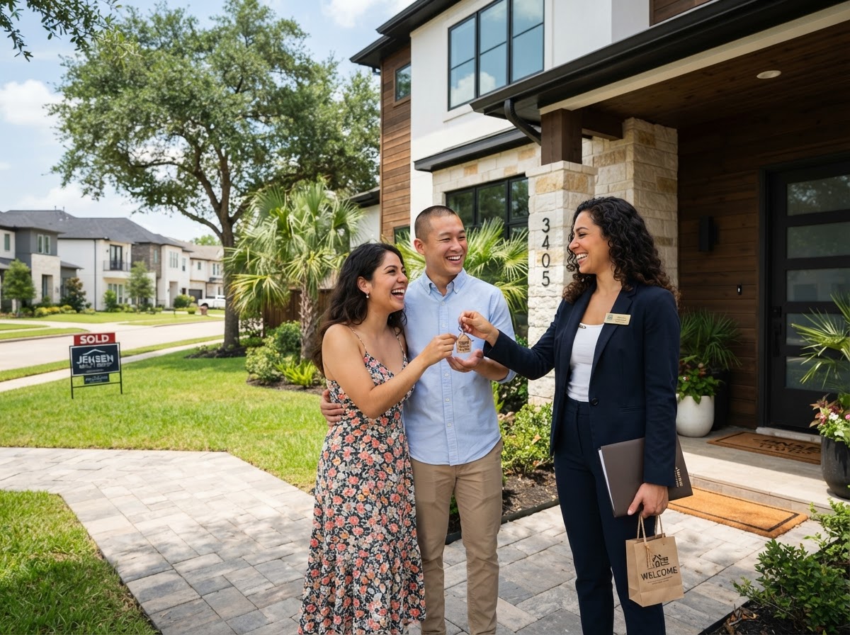 First-time homebuyers receiving keys to a new home in Texas