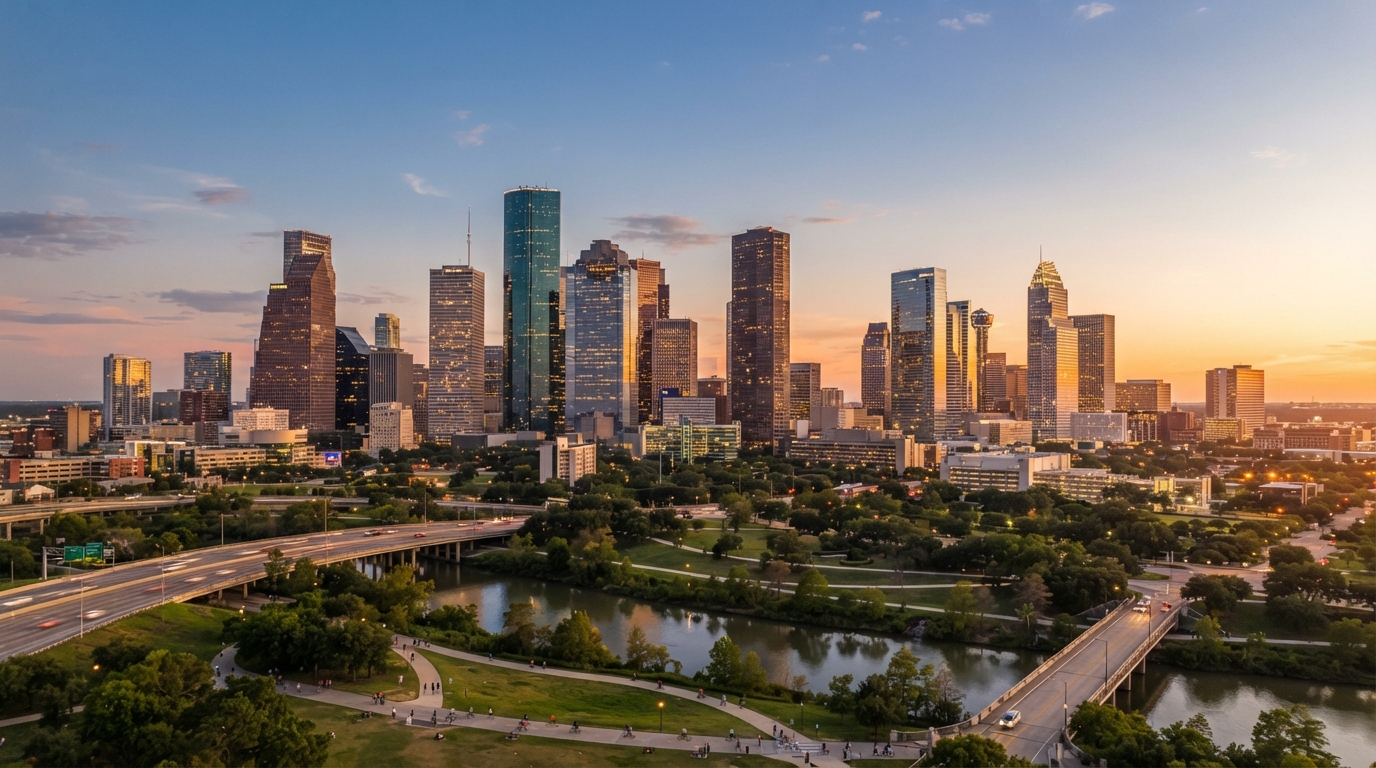Houston, Texas skyline at golden hour
