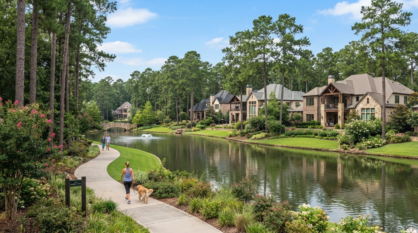 The Woodlands, Texas master-planned community with upscale homes and pine trees