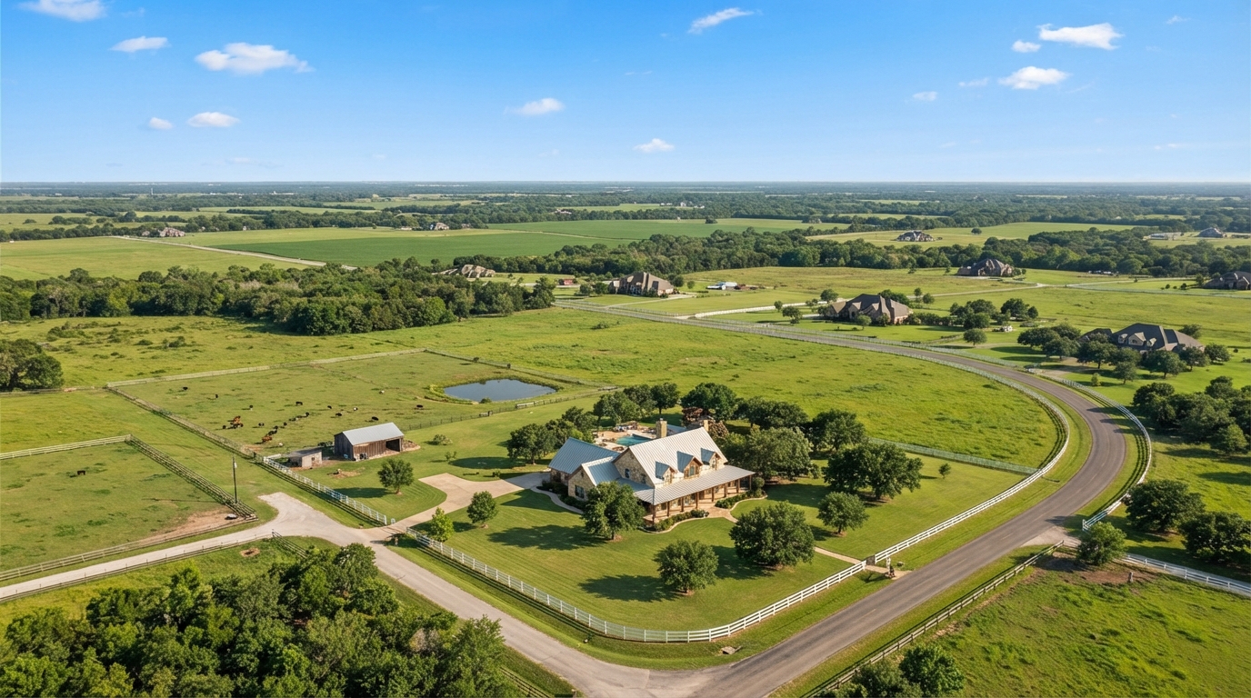 Rural Texas landscape near Waller, Texas with open fields and ranch-style homes