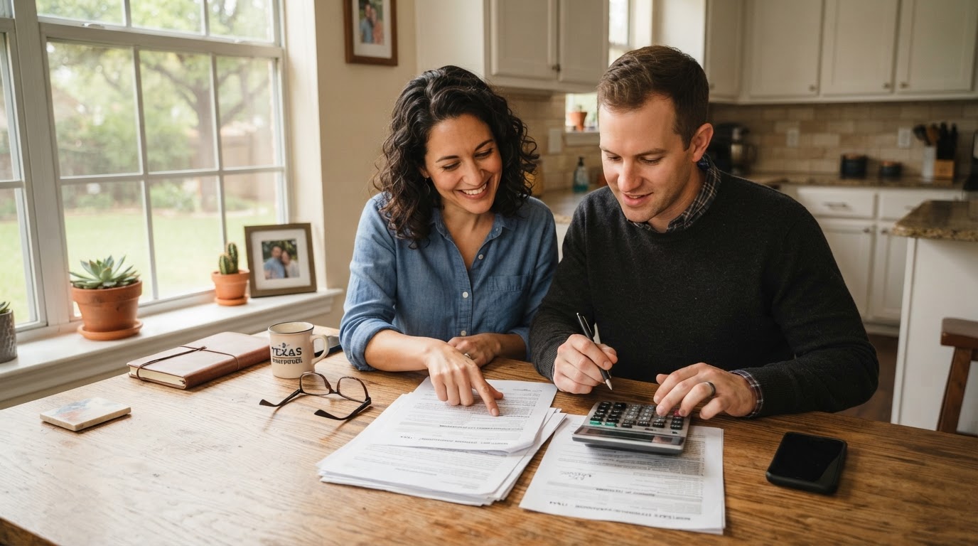 Homeowners in Texas reviewing mortgage refinancing documents together at a kitchen table