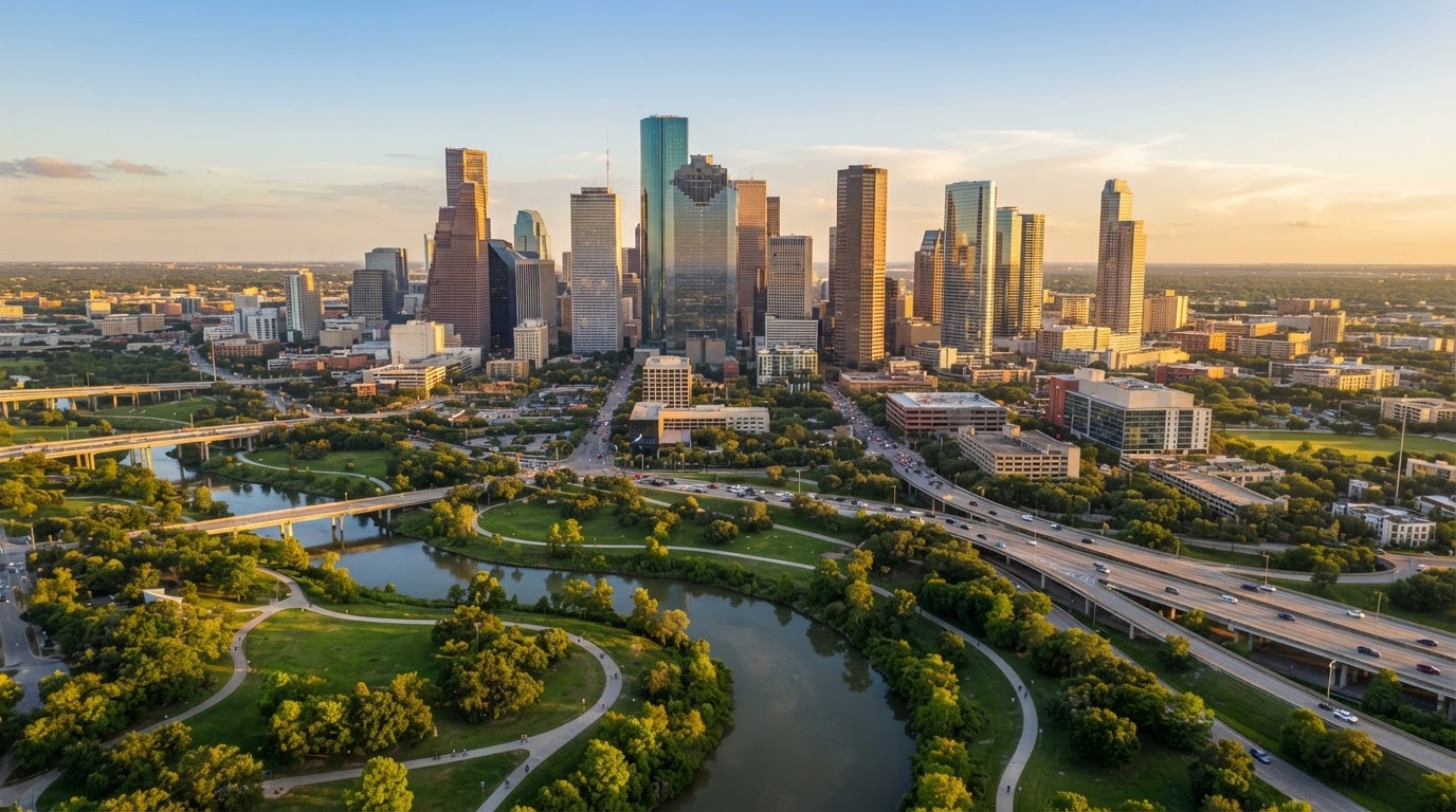 Downtown Houston, Texas skyline at golden hour