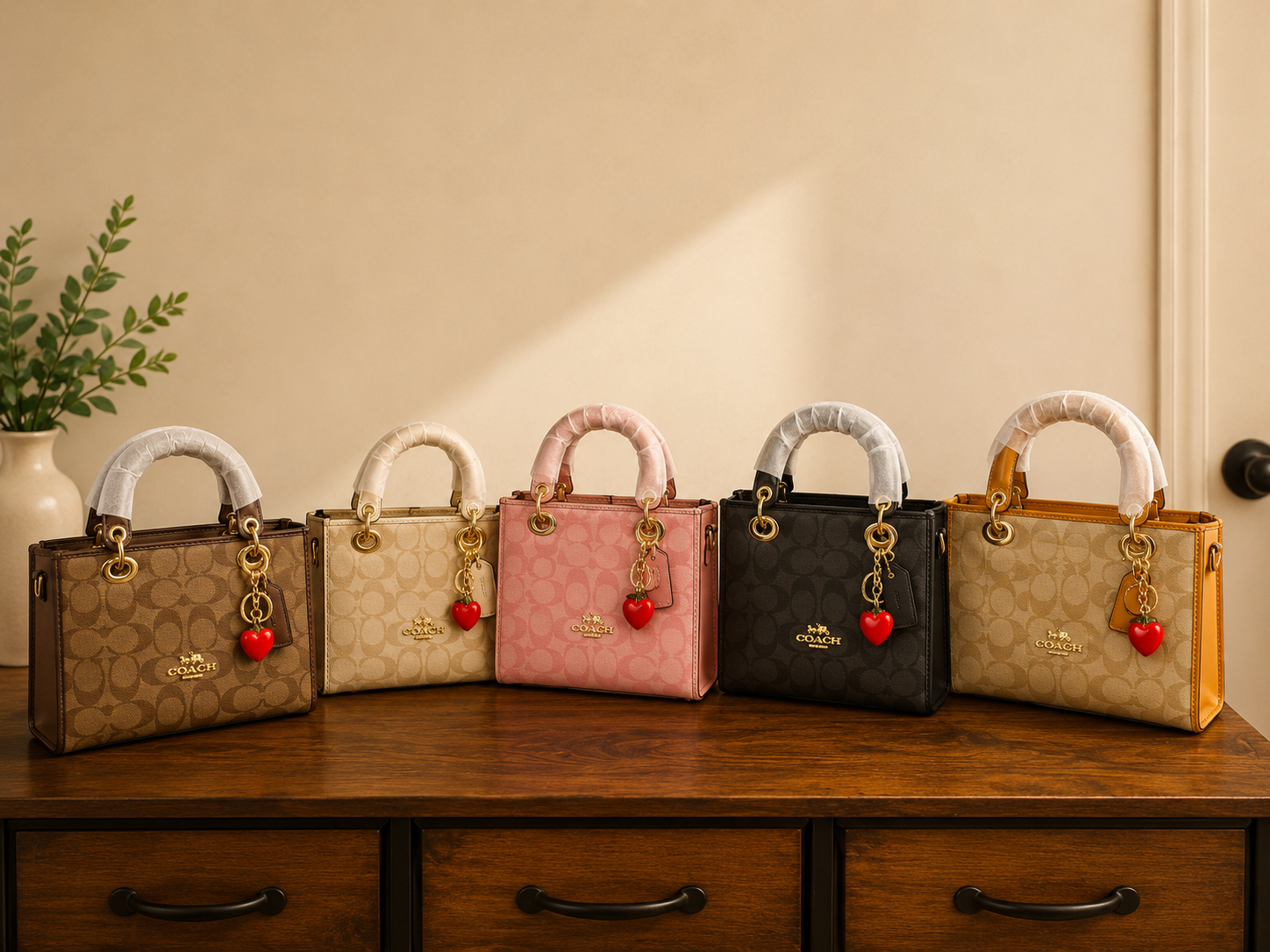 Coach mini bag color collection showcasing six designer handbags in brown beige pink black tan colors with red heart charm keychains arranged on wooden dresser with plant background