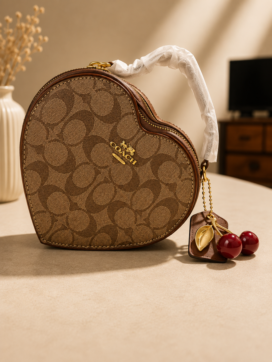 Coach signature monogram heart-shaped bag in brown tan color with gold cherry charm keychain and leather tag on neutral surface
