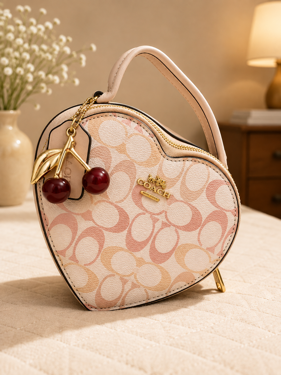 Coach heart-shaped bag in pink peach ombre signature monogram with gold cherry charm, top handle, and gold zipper detailing luxury designer accessory