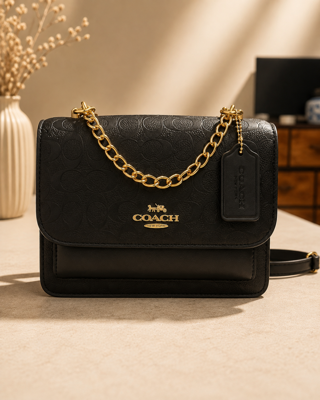 Black Coach leather shoulder bag with embossed logo pattern gold chain strap structured flap closure and adjustable crossbody strap on neutral surface
