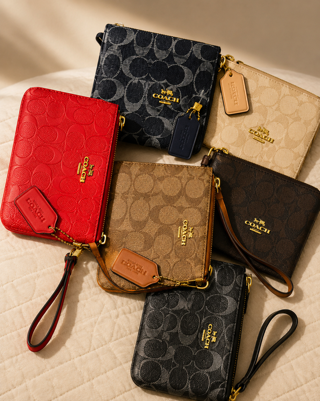 Colorful Coach signature wristlet collection in red navy beige brown black with gold chain straps and leather tags arranged on quilted surface