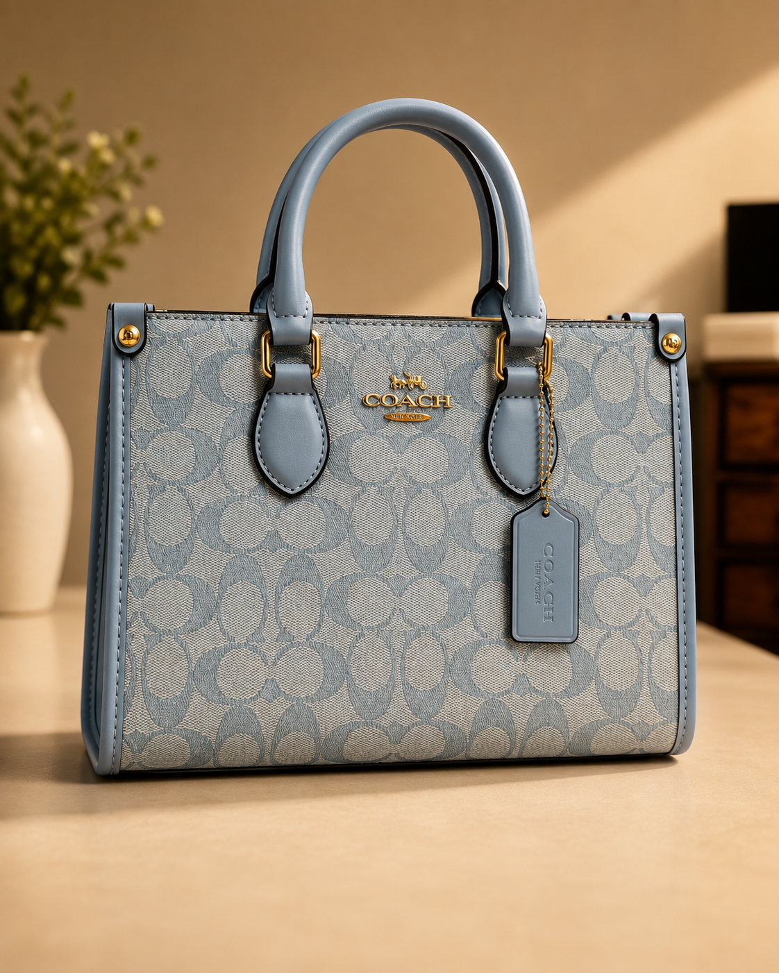 Coach light blue denim signature monogram structured tote bag with dual top handles gold hardware leather tag and protective handle wrapping displayed on neutral surface with plant background