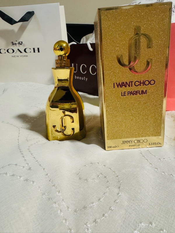 Jimmy Choo I Want Choo Le Parfum 100ml metallic gold bottle with glitter gold presentation box and Gucci Beauty bag