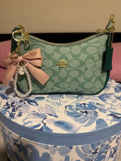 Sage green Coach signature monogram shoulder bag with pink satin bow charm pearl beaded keychain gold zipper hardware COACH tag displayed on blue white floral patterned surface