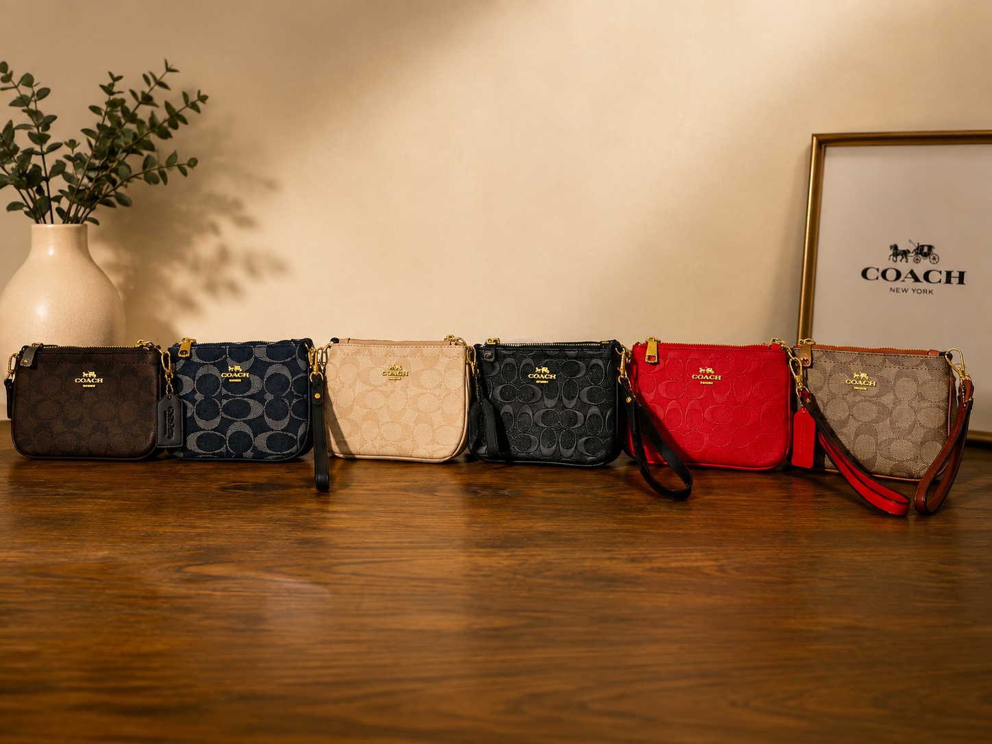 Coach signature collection wristlet clutch assortment in multiple colors including brown, navy, beige, black, red, and tan displayed on wooden surface