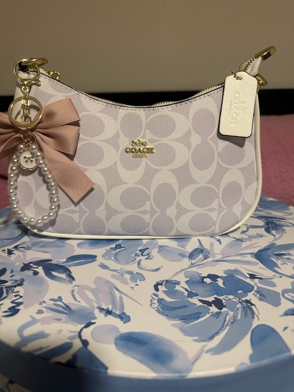 White light gray Coach signature monogram shoulder bag with pink satin bow charm pearl beaded keychain gold zipper hardware COACH tag displayed on floral box surface