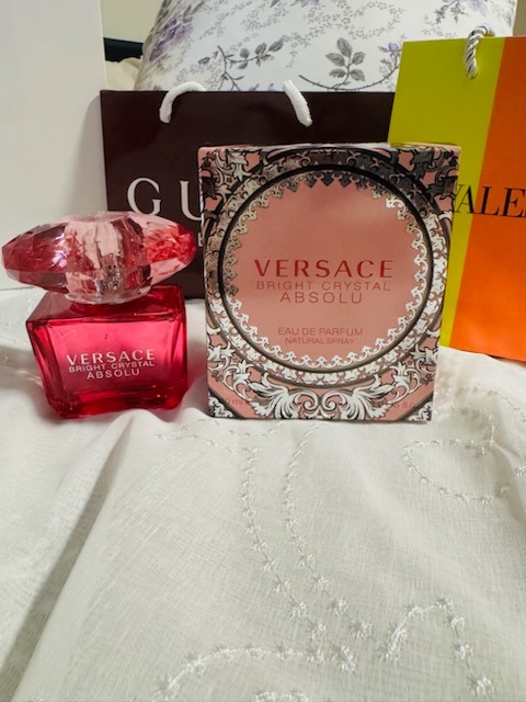Versace Bright Crystal Absolu Eau De Parfum 90ml spray bottle with original pink presentation box